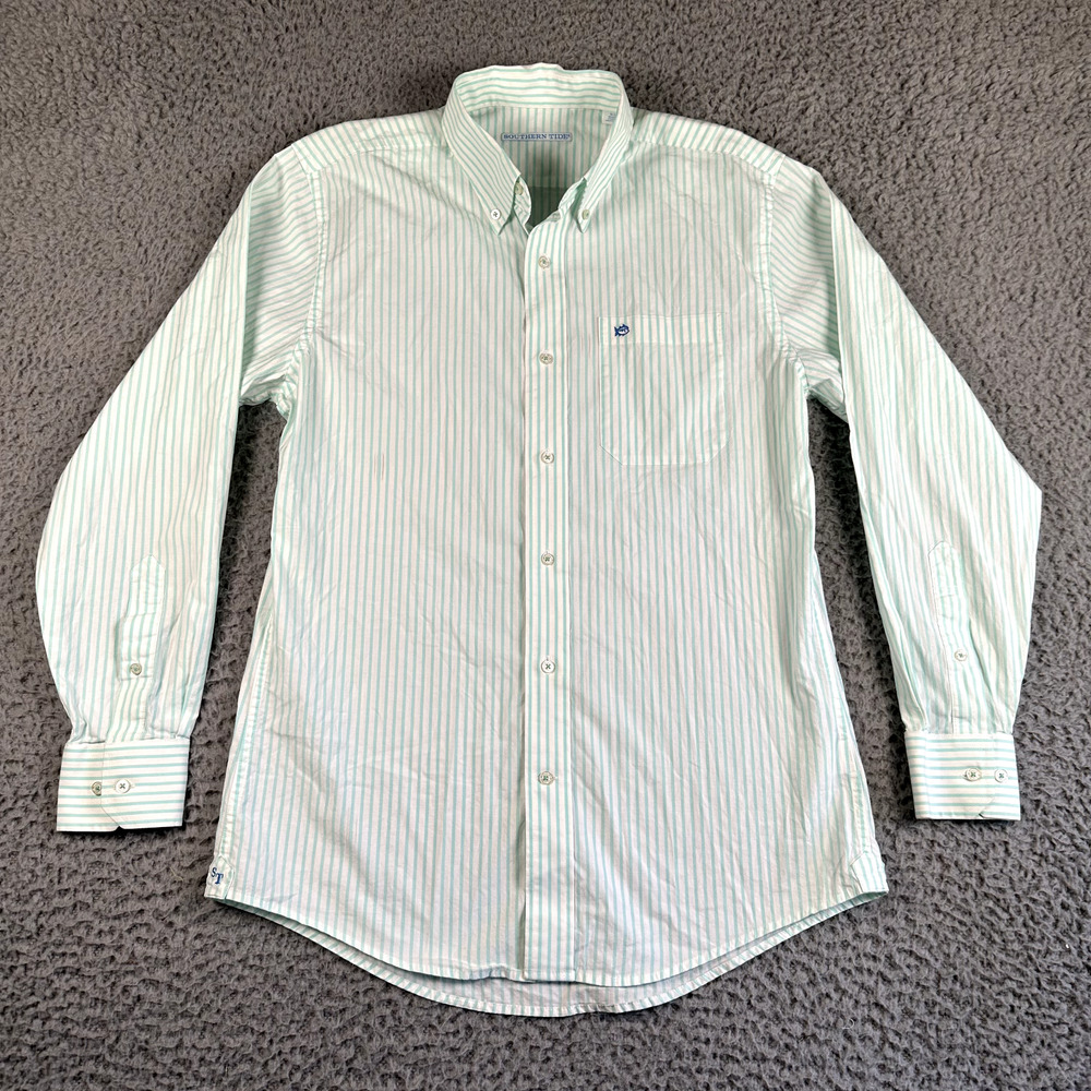 Southern Tide Shirt Mens Small White Green Striped Button Up Performance Stretch